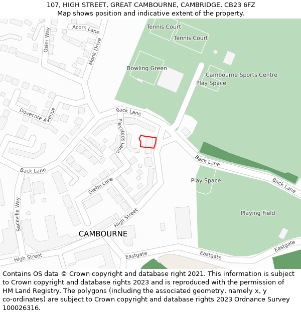 107, HIGH STREET, GREAT CAMBOURNE, CAMBRIDGE, CB23 6FZ: Location map and indicative extent of plot