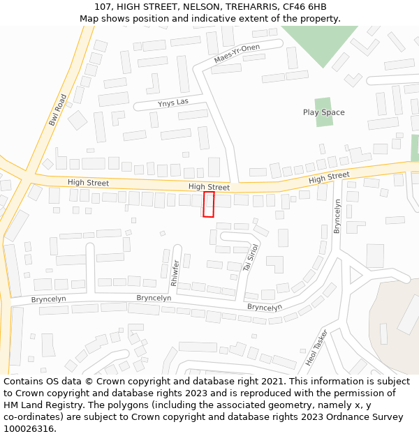 107, HIGH STREET, NELSON, TREHARRIS, CF46 6HB: Location map and indicative extent of plot