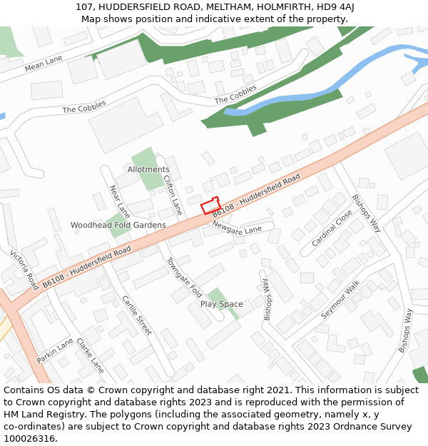 107, HUDDERSFIELD ROAD, MELTHAM, HOLMFIRTH, HD9 4AJ: Location map and indicative extent of plot