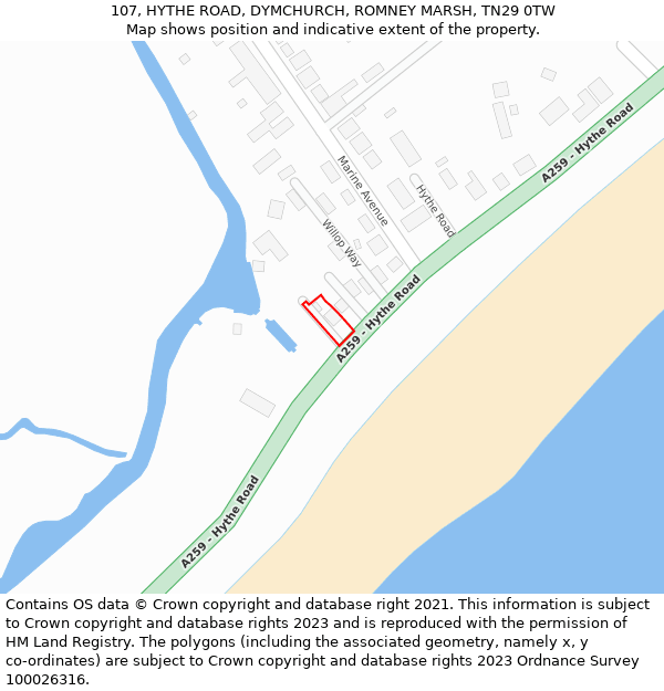 107, HYTHE ROAD, DYMCHURCH, ROMNEY MARSH, TN29 0TW: Location map and indicative extent of plot