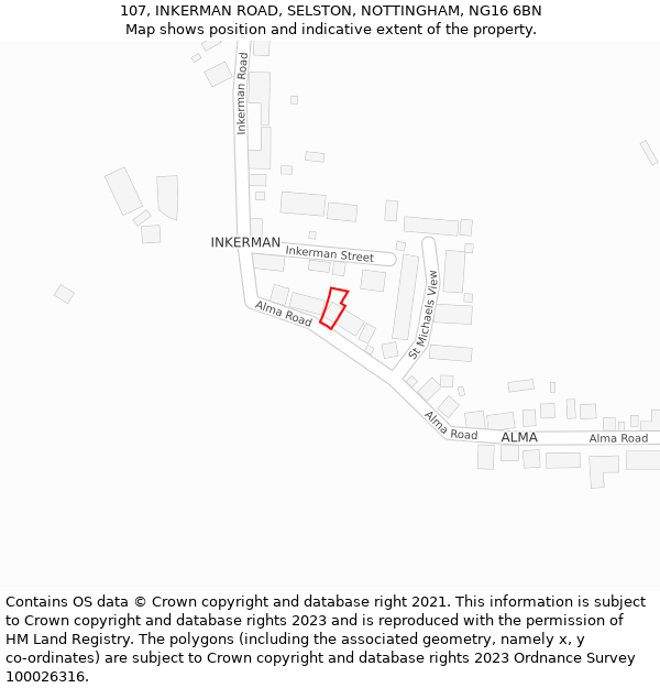 107, INKERMAN ROAD, SELSTON, NOTTINGHAM, NG16 6BN: Location map and indicative extent of plot