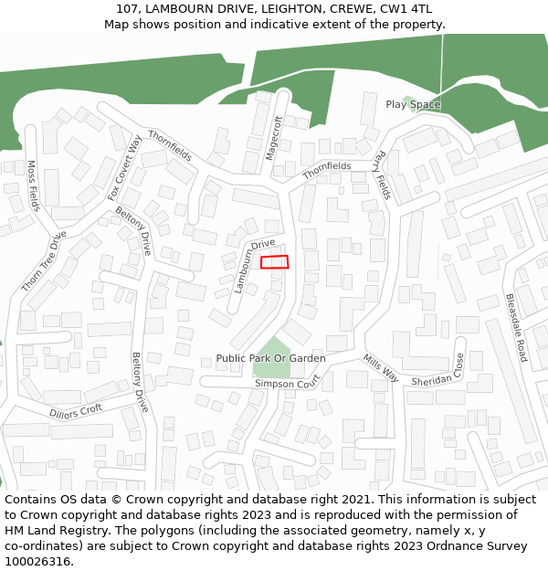 107, LAMBOURN DRIVE, LEIGHTON, CREWE, CW1 4TL: Location map and indicative extent of plot