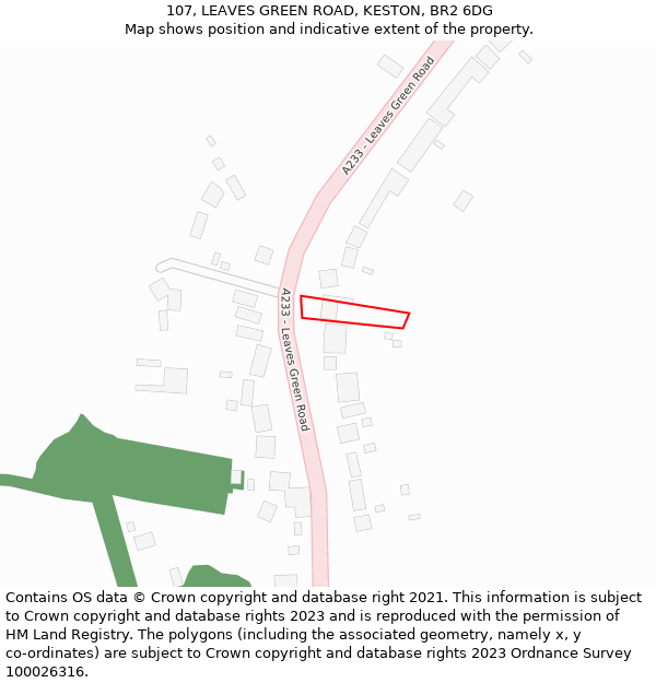 107, LEAVES GREEN ROAD, KESTON, BR2 6DG: Location map and indicative extent of plot