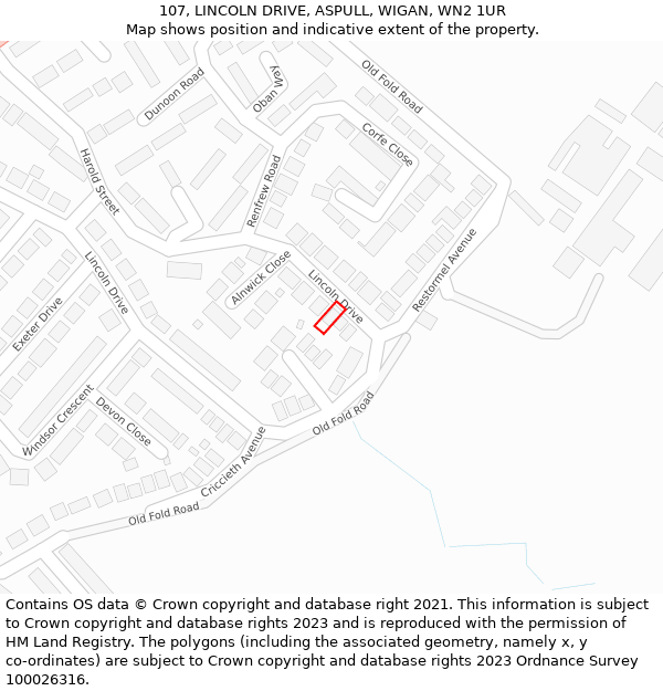 107, LINCOLN DRIVE, ASPULL, WIGAN, WN2 1UR: Location map and indicative extent of plot