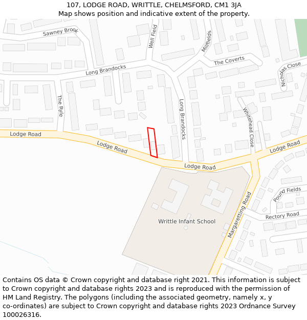 107, LODGE ROAD, WRITTLE, CHELMSFORD, CM1 3JA: Location map and indicative extent of plot