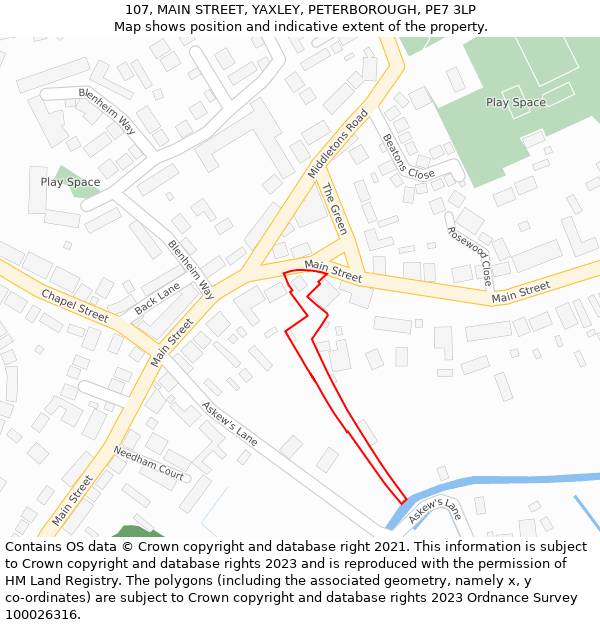 107, MAIN STREET, YAXLEY, PETERBOROUGH, PE7 3LP: Location map and indicative extent of plot