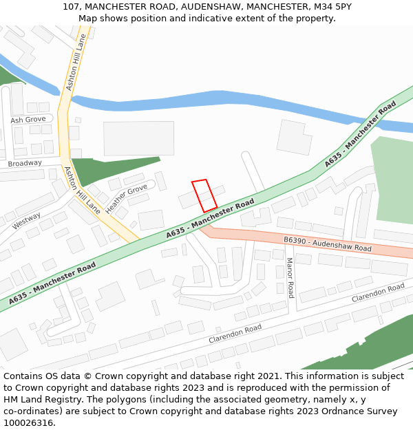 107, MANCHESTER ROAD, AUDENSHAW, MANCHESTER, M34 5PY: Location map and indicative extent of plot