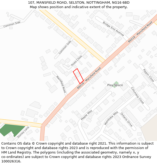 107, MANSFIELD ROAD, SELSTON, NOTTINGHAM, NG16 6BD: Location map and indicative extent of plot