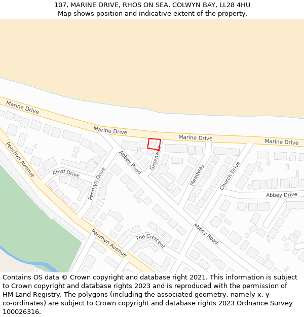 107, MARINE DRIVE, RHOS ON SEA, COLWYN BAY, LL28 4HU: Location map and indicative extent of plot