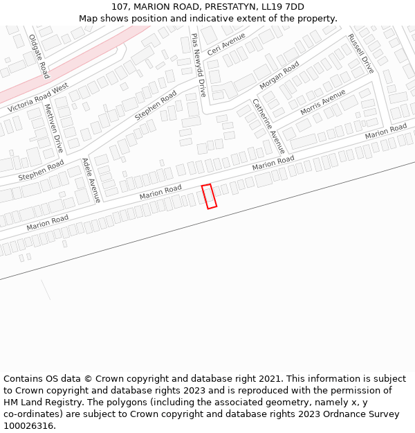 107, MARION ROAD, PRESTATYN, LL19 7DD: Location map and indicative extent of plot