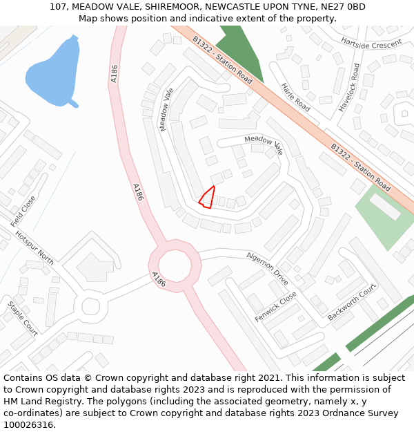 107, MEADOW VALE, SHIREMOOR, NEWCASTLE UPON TYNE, NE27 0BD: Location map and indicative extent of plot