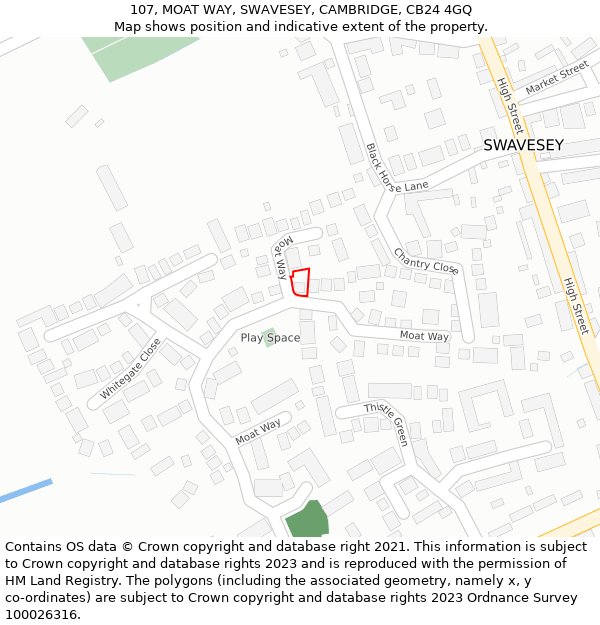107, MOAT WAY, SWAVESEY, CAMBRIDGE, CB24 4GQ: Location map and indicative extent of plot
