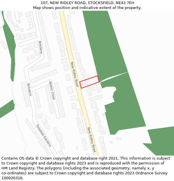107, NEW RIDLEY ROAD, STOCKSFIELD, NE43 7EH: Location map and indicative extent of plot