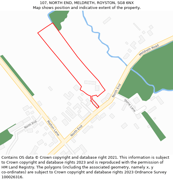 107, NORTH END, MELDRETH, ROYSTON, SG8 6NX: Location map and indicative extent of plot