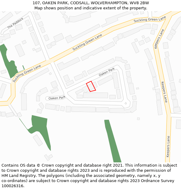 107, OAKEN PARK, CODSALL, WOLVERHAMPTON, WV8 2BW: Location map and indicative extent of plot