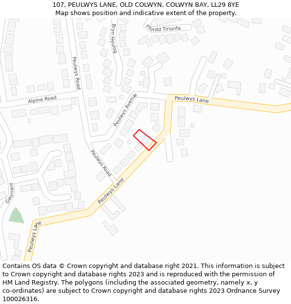 107, PEULWYS LANE, OLD COLWYN, COLWYN BAY, LL29 8YE: Location map and indicative extent of plot