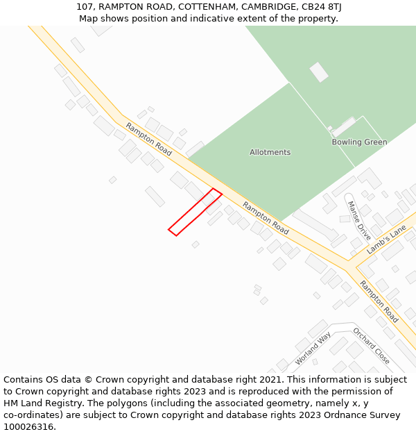 107, RAMPTON ROAD, COTTENHAM, CAMBRIDGE, CB24 8TJ: Location map and indicative extent of plot