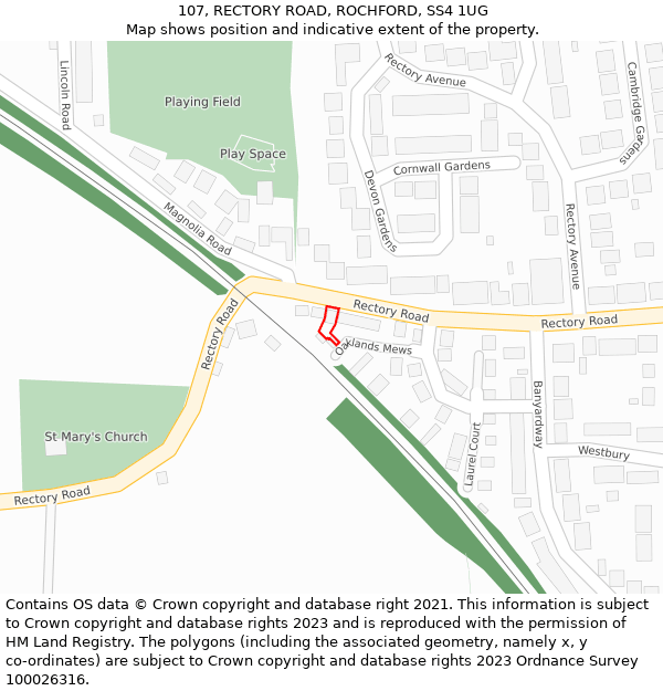 107, RECTORY ROAD, ROCHFORD, SS4 1UG: Location map and indicative extent of plot