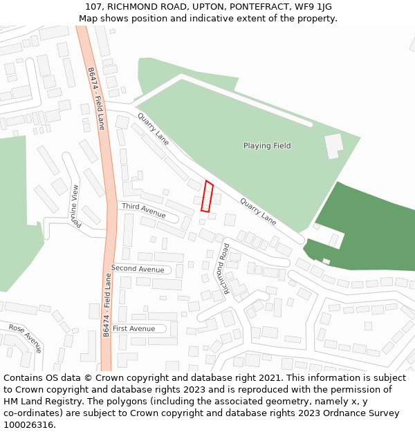 107, RICHMOND ROAD, UPTON, PONTEFRACT, WF9 1JG: Location map and indicative extent of plot