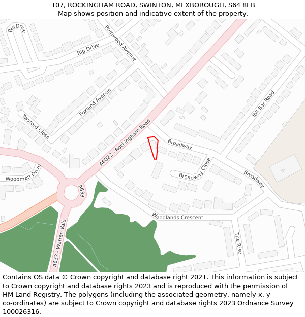 107, ROCKINGHAM ROAD, SWINTON, MEXBOROUGH, S64 8EB: Location map and indicative extent of plot