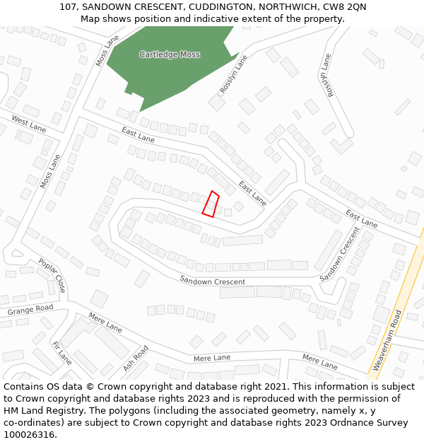 107, SANDOWN CRESCENT, CUDDINGTON, NORTHWICH, CW8 2QN: Location map and indicative extent of plot