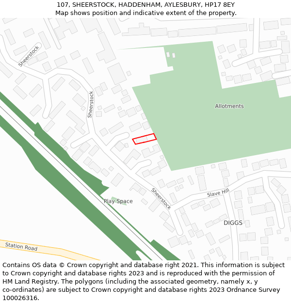 107, SHEERSTOCK, HADDENHAM, AYLESBURY, HP17 8EY: Location map and indicative extent of plot