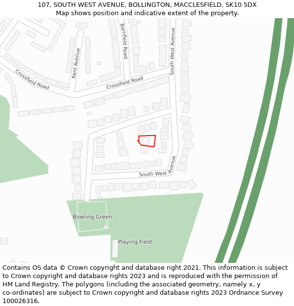 107, SOUTH WEST AVENUE, BOLLINGTON, MACCLESFIELD, SK10 5DX: Location map and indicative extent of plot