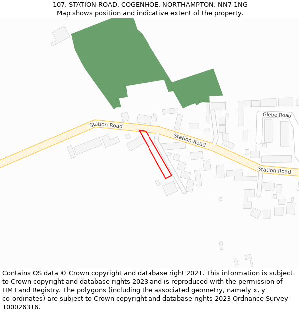 107, STATION ROAD, COGENHOE, NORTHAMPTON, NN7 1NG: Location map and indicative extent of plot