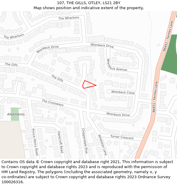 107, THE GILLS, OTLEY, LS21 2BY: Location map and indicative extent of plot