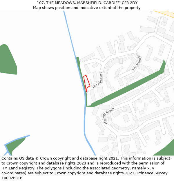 107, THE MEADOWS, MARSHFIELD, CARDIFF, CF3 2DY: Location map and indicative extent of plot