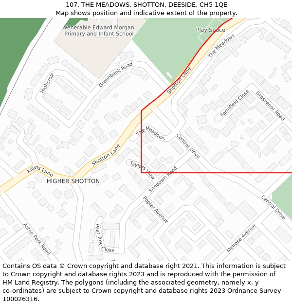 107, THE MEADOWS, SHOTTON, DEESIDE, CH5 1QE: Location map and indicative extent of plot