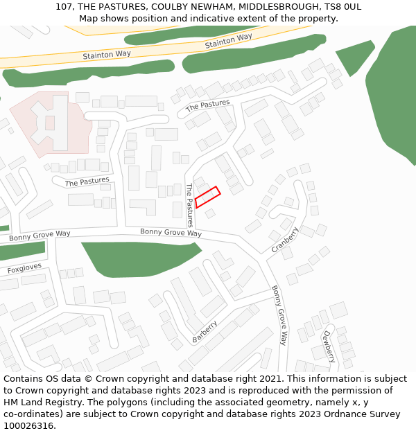 107, THE PASTURES, COULBY NEWHAM, MIDDLESBROUGH, TS8 0UL: Location map and indicative extent of plot