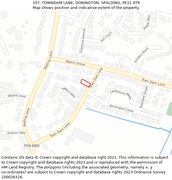 107, TOWNDAM LANE, DONINGTON, SPALDING, PE11 4TR: Location map and indicative extent of plot