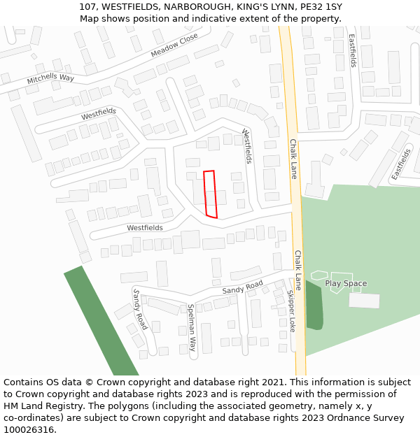 107, WESTFIELDS, NARBOROUGH, KING'S LYNN, PE32 1SY: Location map and indicative extent of plot