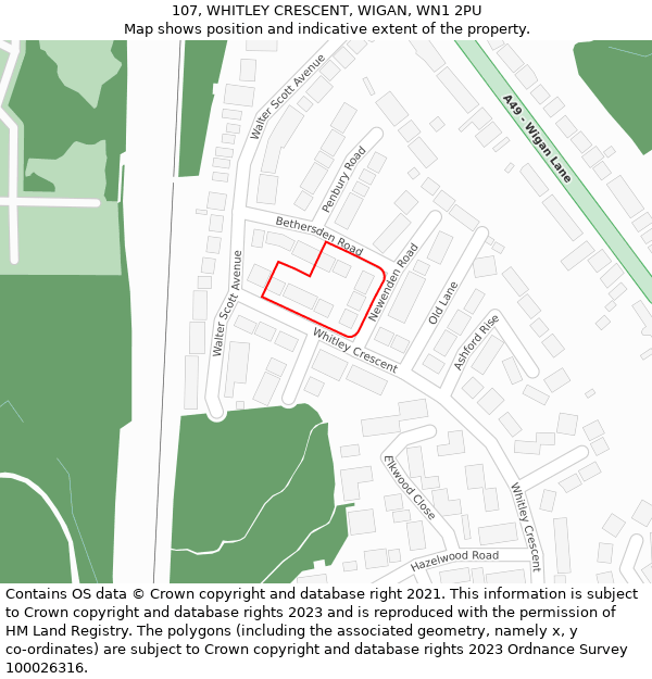 107, WHITLEY CRESCENT, WIGAN, WN1 2PU: Location map and indicative extent of plot