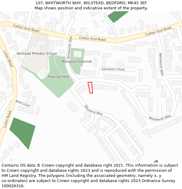 107, WHITWORTH WAY, WILSTEAD, BEDFORD, MK45 3EF: Location map and indicative extent of plot