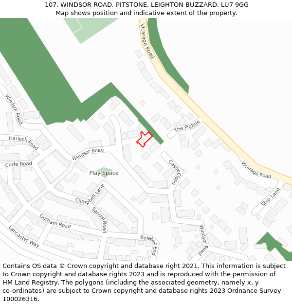 107, WINDSOR ROAD, PITSTONE, LEIGHTON BUZZARD, LU7 9GG: Location map and indicative extent of plot