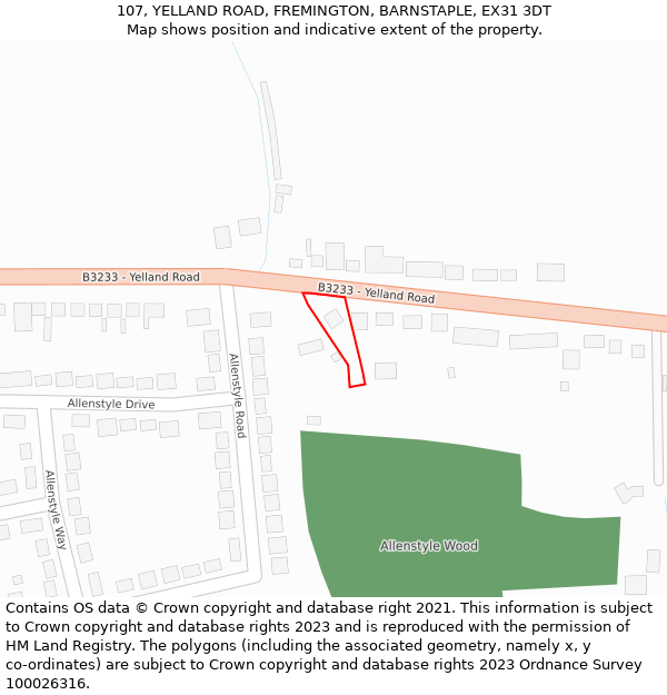 107, YELLAND ROAD, FREMINGTON, BARNSTAPLE, EX31 3DT: Location map and indicative extent of plot