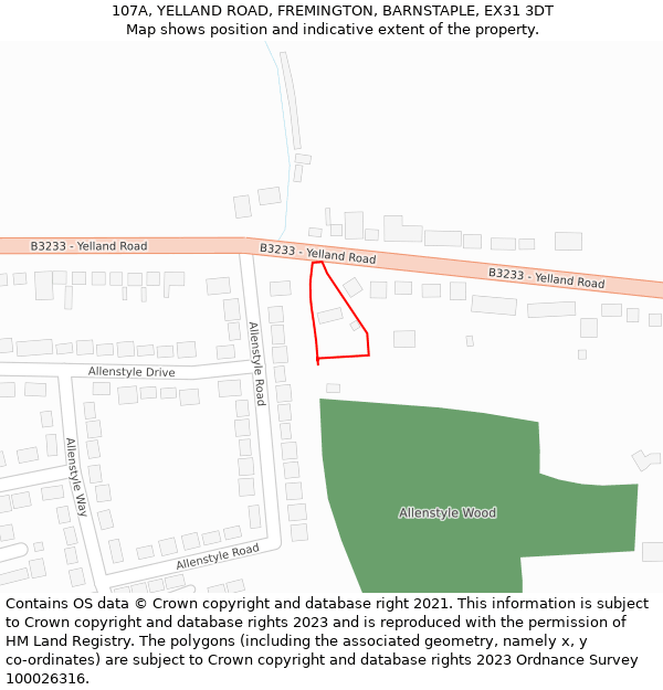 107A, YELLAND ROAD, FREMINGTON, BARNSTAPLE, EX31 3DT: Location map and indicative extent of plot