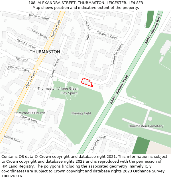 108, ALEXANDRA STREET, THURMASTON, LEICESTER, LE4 8FB: Location map and indicative extent of plot