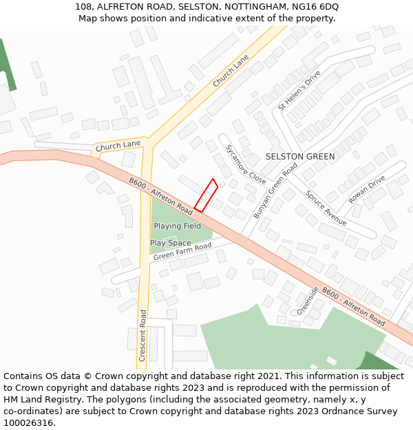 108, ALFRETON ROAD, SELSTON, NOTTINGHAM, NG16 6DQ: Location map and indicative extent of plot