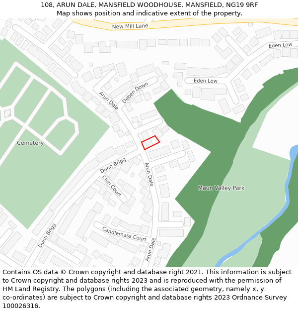 108, ARUN DALE, MANSFIELD WOODHOUSE, MANSFIELD, NG19 9RF: Location map and indicative extent of plot