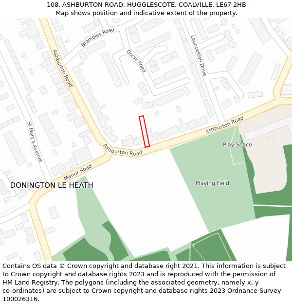 108, ASHBURTON ROAD, HUGGLESCOTE, COALVILLE, LE67 2HB: Location map and indicative extent of plot
