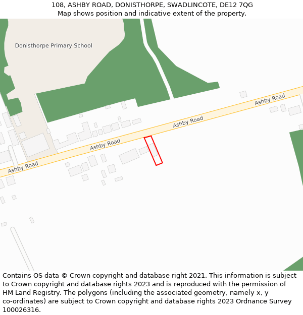 108, ASHBY ROAD, DONISTHORPE, SWADLINCOTE, DE12 7QG: Location map and indicative extent of plot