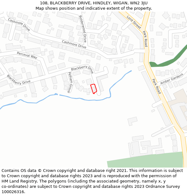 108, BLACKBERRY DRIVE, HINDLEY, WIGAN, WN2 3JU: Location map and indicative extent of plot