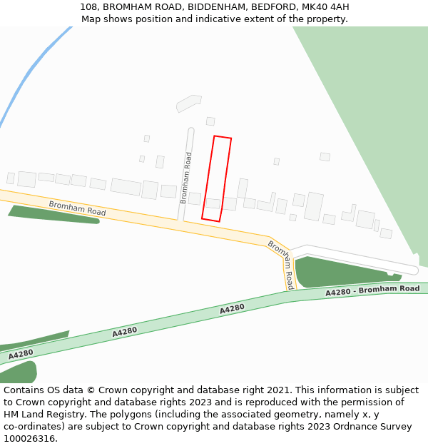 108, BROMHAM ROAD, BIDDENHAM, BEDFORD, MK40 4AH: Location map and indicative extent of plot