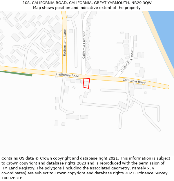 108, CALIFORNIA ROAD, CALIFORNIA, GREAT YARMOUTH, NR29 3QW: Location map and indicative extent of plot