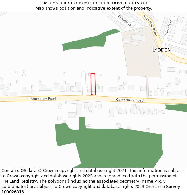 108, CANTERBURY ROAD, LYDDEN, DOVER, CT15 7ET: Location map and indicative extent of plot