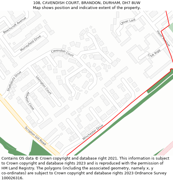 108, CAVENDISH COURT, BRANDON, DURHAM, DH7 8UW: Location map and indicative extent of plot