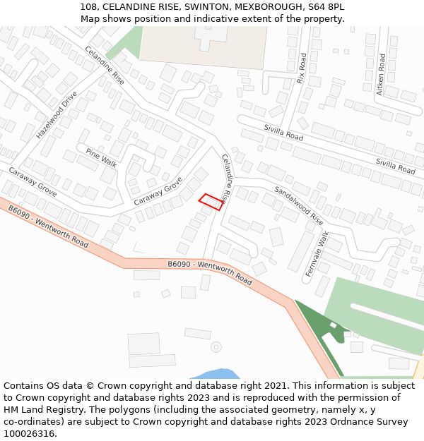 108, CELANDINE RISE, SWINTON, MEXBOROUGH, S64 8PL: Location map and indicative extent of plot